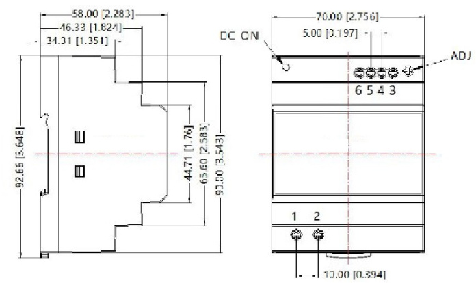 Rysunek techniczny zasilacza na szynę DIN model DL2-100-48-U